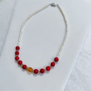 Freshwater Pearl & Red Jasper Beaded Necklace | Amber Glass Accent | 17”